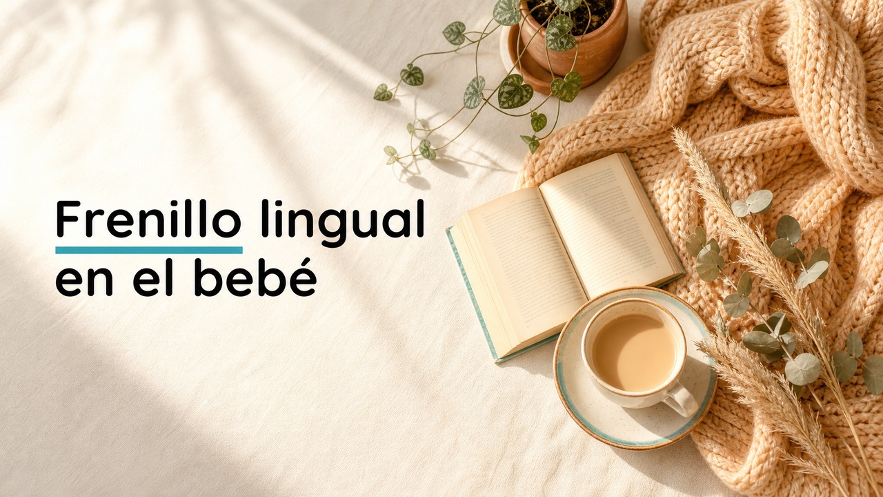 Composición flatlay cálida con manta de punto, libro abierto, taza de café con leche y eucalipto, sobre lino cream. Texto superpuesto: Frenillo lingual en el bebé.